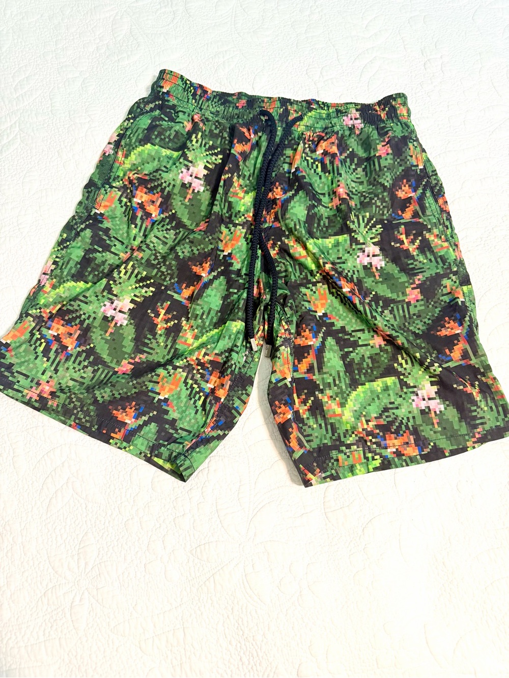 Vilebrequin Moorea Pixel Floral Swim Trunks Large Green Leaf Luxury Swim Shorts